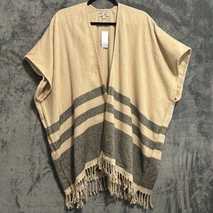 LOFT Poncho Wrap Shawl Sz XS/S Tan Black Fringe